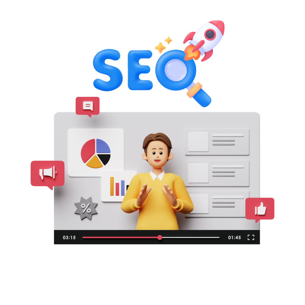 3D illustration of a person explaining SEO with charts, graphs, and icons like a rocket, speech bubble, loudspeaker, and thumbs-up, representing digital marketing and online growth.