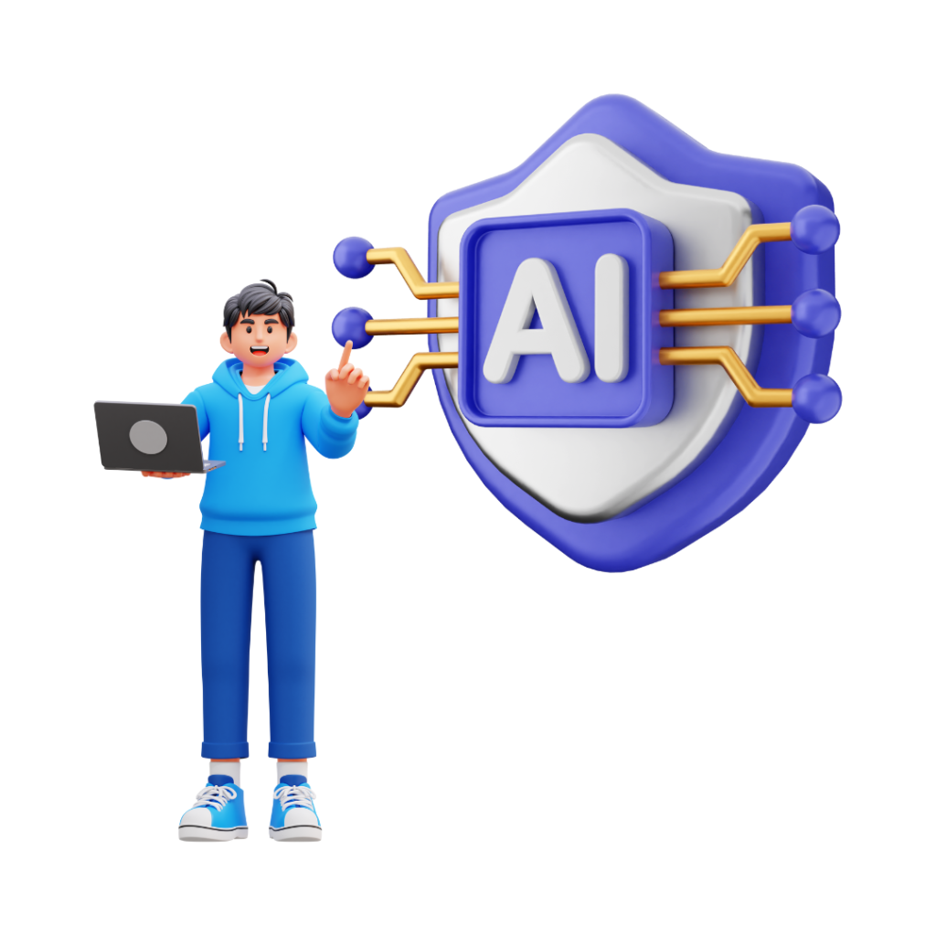 3D illustration of a young person holding a laptop, pointing towards a shield-shaped AI symbol with digital circuit lines, representing artificial intelligence technology.