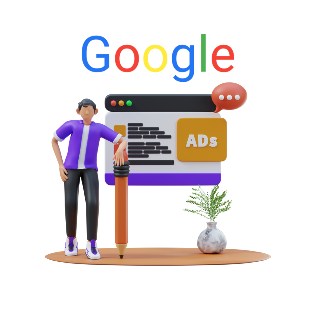 3D illustration of a person presenting Google Ads with charts, analytics, and search icons symbolizing online visibility and lead generation.