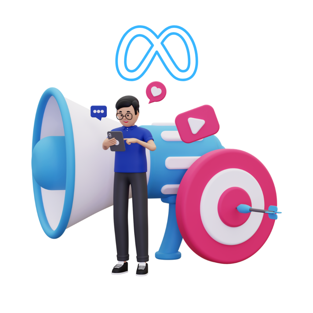 3D illustration of a person presenting Meta ads with social media icons, charts, and engagement elements symbolizing online advertising and brand growth.